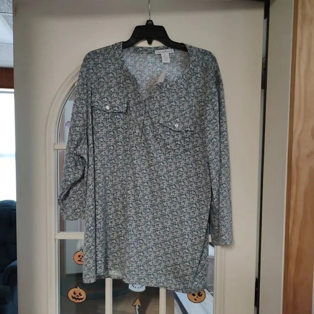 New Hasting & Smith Flowers Blue Combo 3/4 Sleeve Top Size Women's 3X
